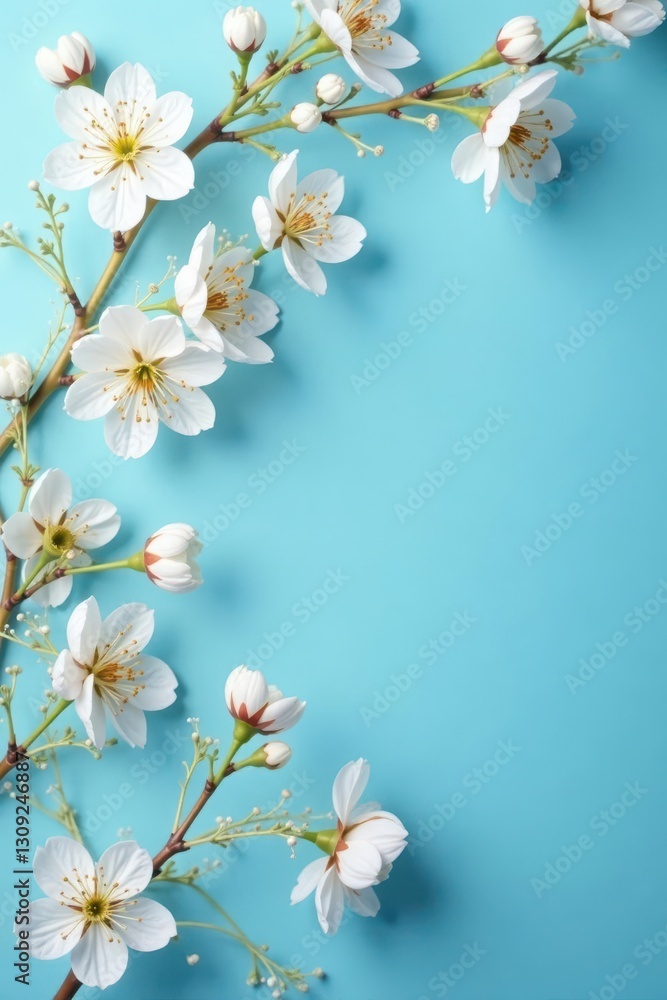 Fototapeta premium Delicate white blossoms, seamlessly repeating on a calming blue backdrop , white flowers, repeat