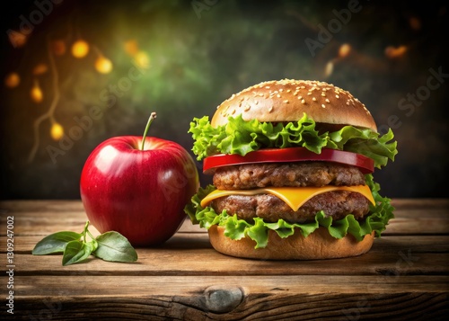 Crisp green apples contrast sharply with a vibrant burger, highlighting the health dichotomy in landscape.