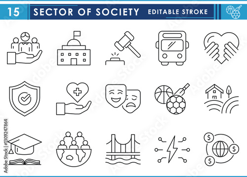 A set of line icons related to Sector of Society. Education, justice, culture, infrastructure, economics, farming, sports, and so on. Vector editable stroke.