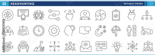 A set of line icons related to Headhunting. Recruitment, specialization, people, qualified, personal, networking, job, optimization, intelligence, target, and so on. Vector editable stroke.