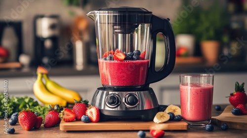 Blender's Bounty: A vibrant smoothie is in the blender with fresh fruits, beside it, with bananas, strawberries, and blueberries on the kitchen counter. It is healthy food preparation.