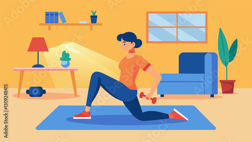 Someone doing a quick HIIT workout in their cozy corner making use of a rug cushions and a chair for a fullbody sweat sesh.. Vector illustration