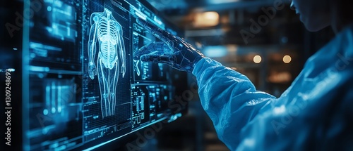 Doctor wearing blue medical gown operating robotic arm in futuristic medical environment