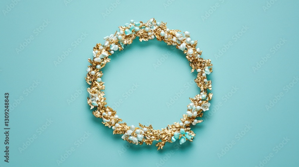 Gold and teal wreath frame on blue background; ideal for holiday cards Gold and teal wreath frame on blue background; ideal for holiday cards