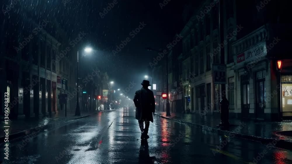 A man is walking down a wet street at night. The street is empty and the man is wearing a hat A man is walking down a wet street at night. The street is empty and the man is wearing a hat