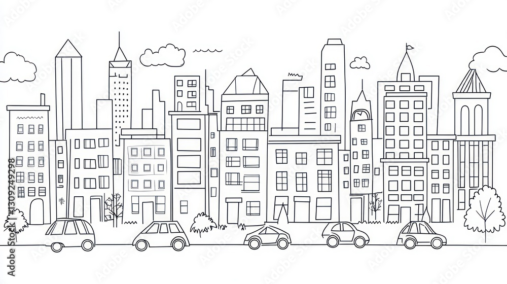 Urban cityscape line drawing, buildings, cars, clouds, background Urban cityscape line drawing, buildings, cars, clouds, background