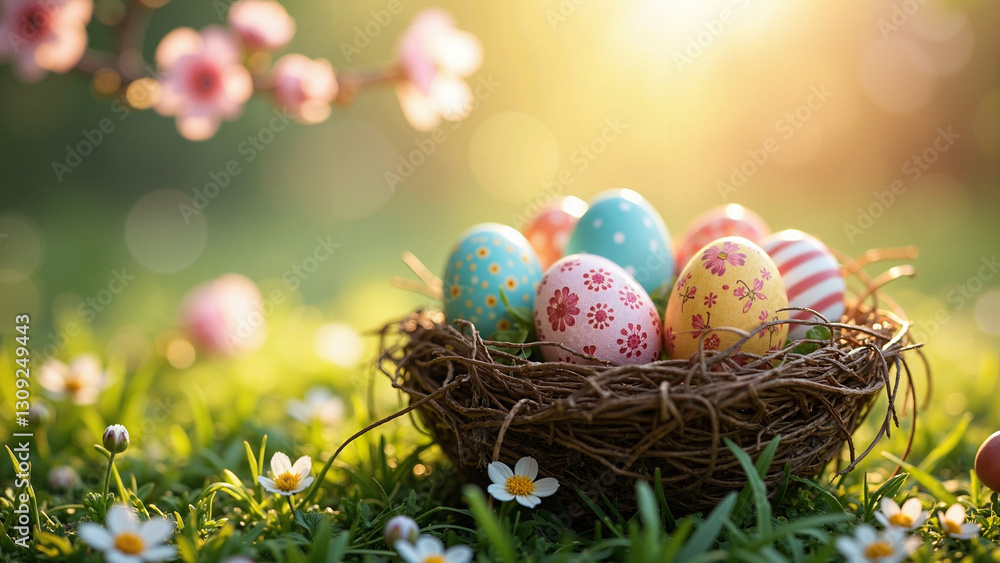 Enchanting Easter Nest with Decorated Eggs in Blooming Spring Landscape - Perfect for Holiday Marketing and Seasonal Promotions Enchanting Easter Nest with Decorated Eggs in Blooming Spring Landscape - Perfect for Holiday Marketing and Seasonal Promotions