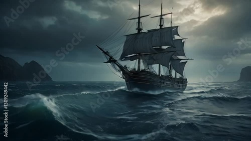 A majestic ghost ship battles turbulent waves under a stormy sky