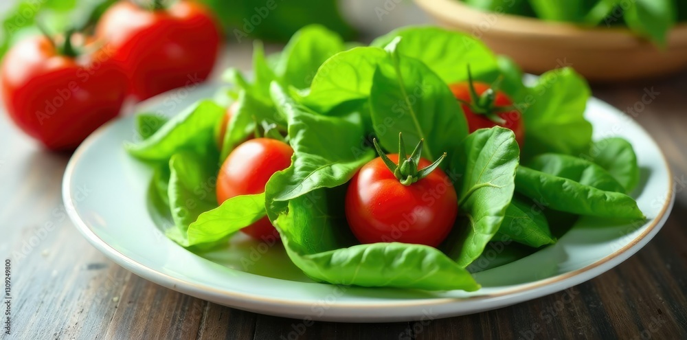 Green leafy greens paired with fresh red tomatoes on a white plate, tomatoes, table Green leafy greens paired with fresh red tomatoes on a white plate, tomatoes, table