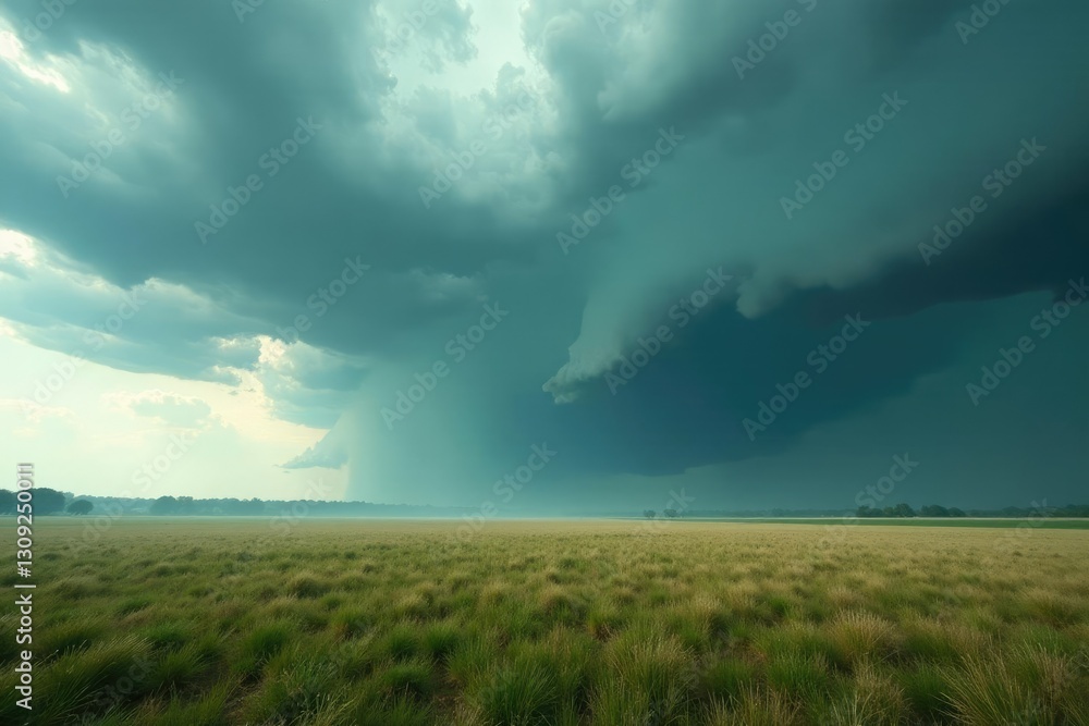 Grey clouds gather above the field in turbulent storm, misty, field Grey clouds gather above the field in turbulent storm, misty, field