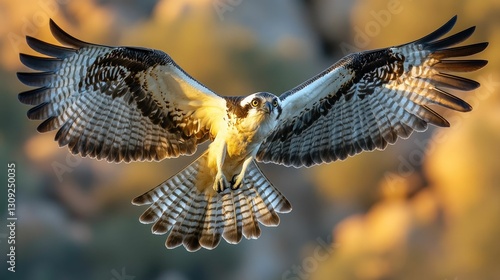 Osprey in flight, golden hour light, majestic wings
