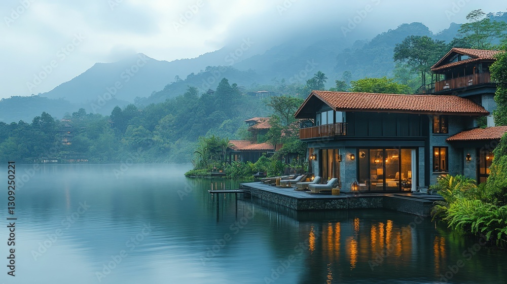 Serene lakeside house, misty mountains, tranquil setting. Serene lakeside house, misty mountains, tranquil setting.