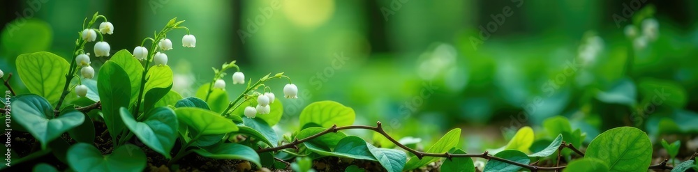 Lily of the valley stems entwined with ivy vines, flower stems, forest foliage Lily of the valley stems entwined with ivy vines, flower stems, forest foliage
