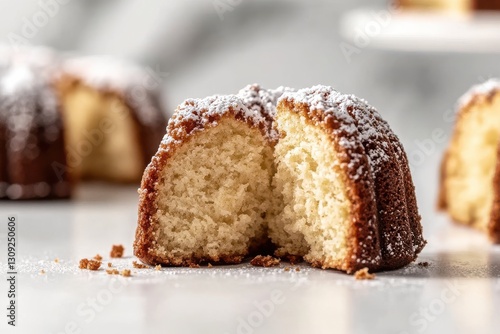 Moist Vanilla Bundt Cake with Powdered Sugar on a Light Background