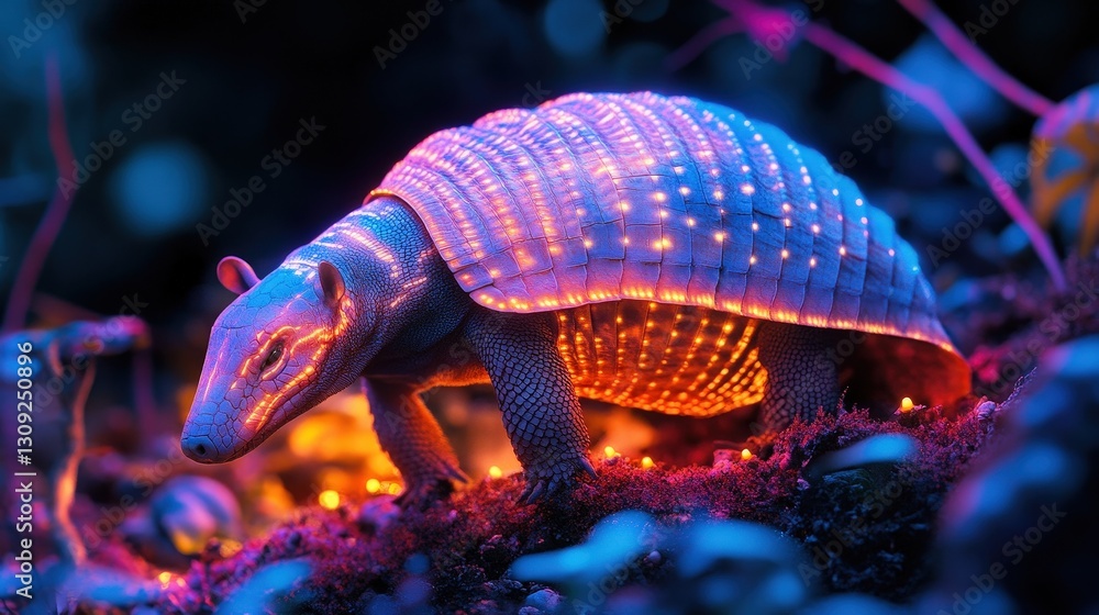 Obraz premium Illuminated armadillo in lush forest nature scene fantasy environment close-up view vibrant concepts