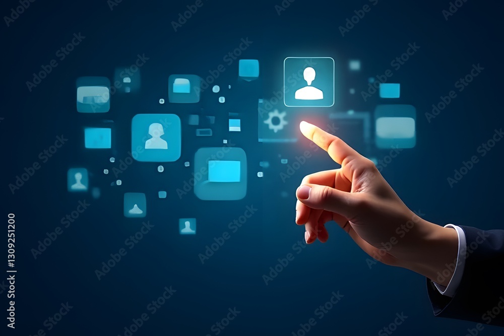 Hand Interacting with Digital Interface Showcasing Futuristic Technology Icons on Dark Blue Background Hand Interacting with Digital Interface Showcasing Futuristic Technology Icons on Dark Blue Background