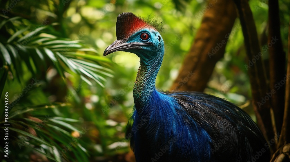 Fototapeta premium Vibrant cassowary bird in dense rainforest wildlife photography lush environment close-up perspective