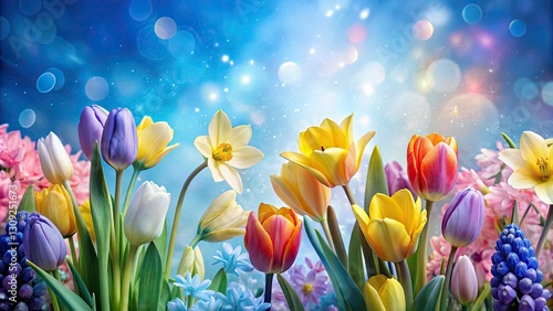 Dreamy blue double exposure showcases blooming spring flowers in a stunning flat lay.