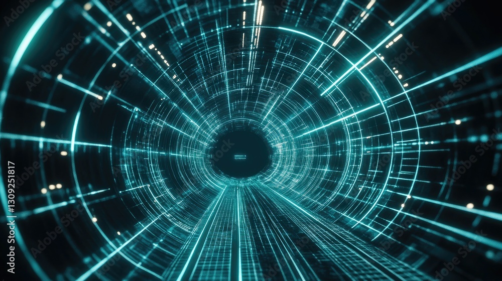 Fototapeta premium A futuristic 3D wireframe tunnel with glowing grid lines, creating a deep cyberpunk-style visual illusion.