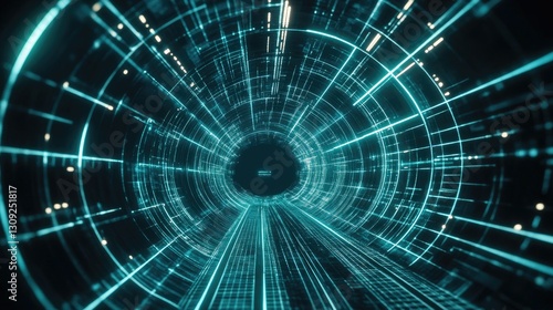 Fototapeta Naklejka Na Ścianę i Meble -  A futuristic 3D wireframe tunnel with glowing grid lines, creating a deep cyberpunk-style visual illusion.