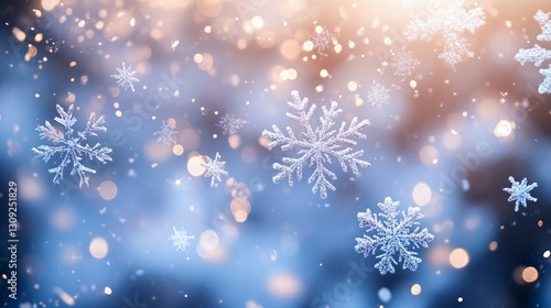 Cool-toned Christmas backdrop with luminous snowflakes suspended in mid-air, soft bokeh sparkles and a crisp, wintry chill, artistic blur 