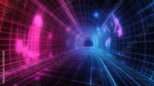 Fototapeta Naklejka Na Ścianę i Meble -  A futuristic 3D wireframe tunnel with glowing grid lines, creating a deep cyberpunk-style visual illusion.