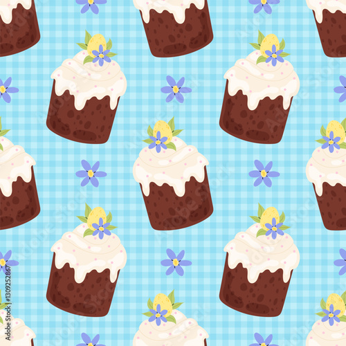 Easter Background. Easter cake with flower and egg on blue chequered background. Seamless pattern for textile, wrapping paper, postcards or covers.