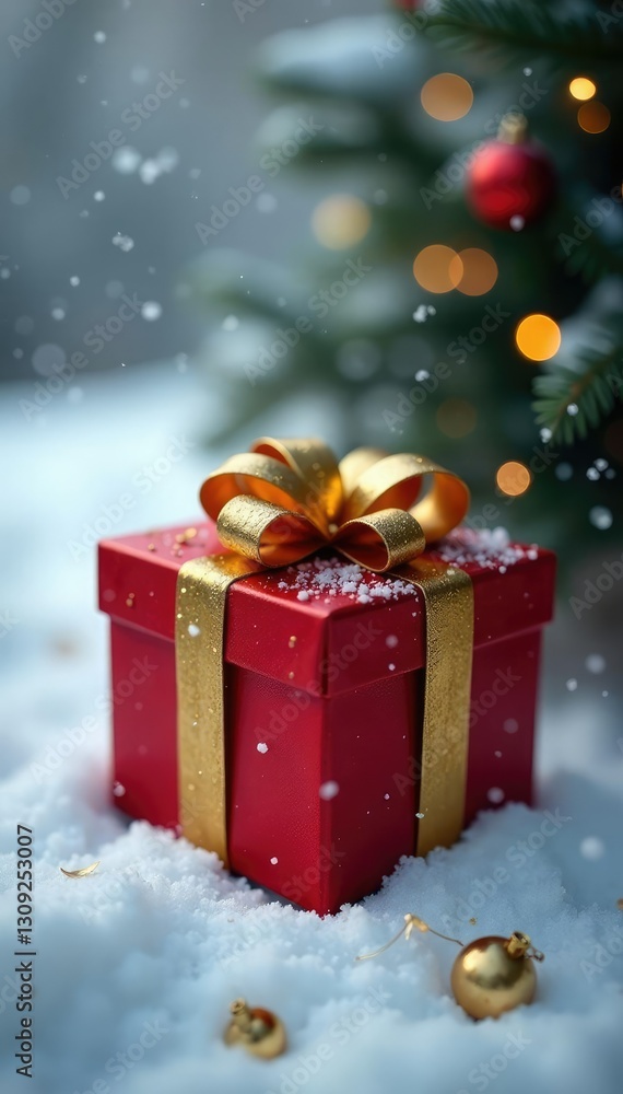 Decorative gift box with golden ornaments on snowy winter scene, present, gift box Decorative gift box with golden ornaments on snowy winter scene, present, gift box