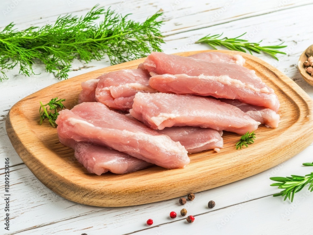 Fresh raw pork cutlets on wooden board with herbs and spices Fresh raw pork cutlets on wooden board with herbs and spices