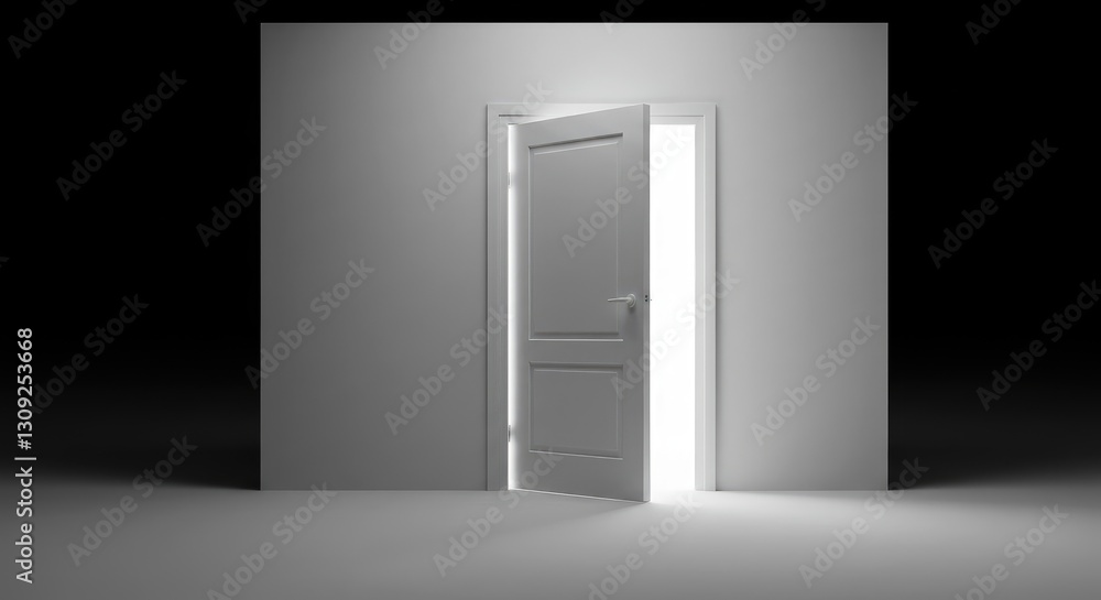 An open white door in the center of an empty room with a black background. An open white door in the center of an empty room with a black background.