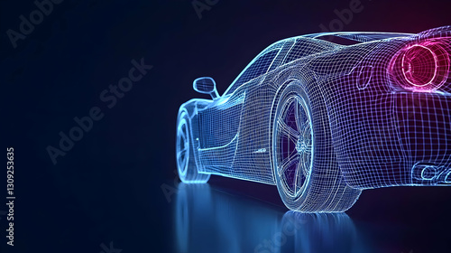 Blue And Pink Glowing Digital Car Wireframe On Dark Background