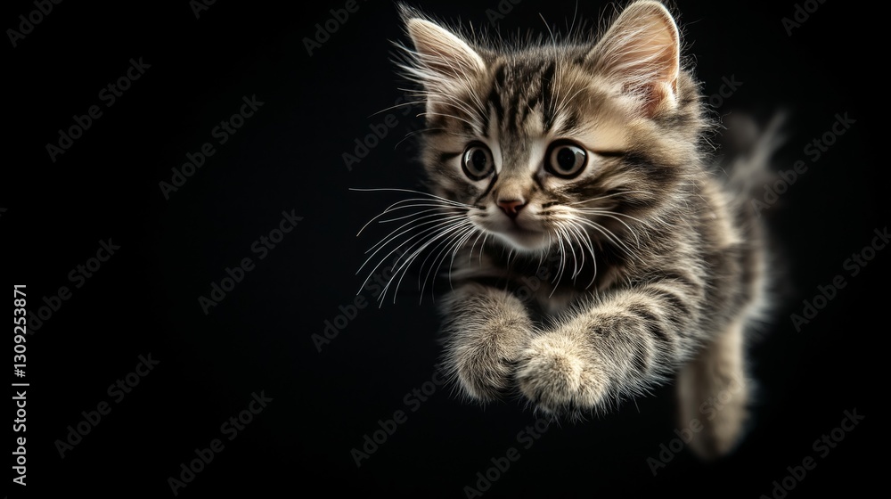 Cat leaps gracefully in mid-air against a dark background Cat leaps gracefully in mid-air against a dark background