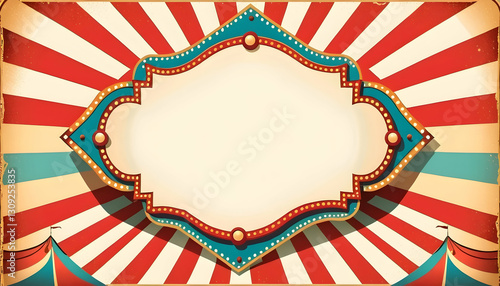 Vintage Circus Frame Background: Red and Blue Striped Canvas with Illuminated Marquee and Tent Peaks for Event Promotion