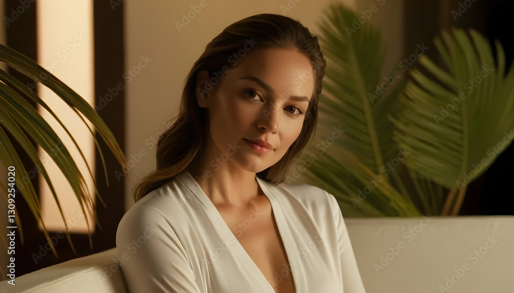 Serene Woman in White Robe: Relaxation, Wellness, and Tranquility in a Luxurious Setting Serene Woman in White Robe: Relaxation, Wellness, and Tranquility in a Luxurious Setting