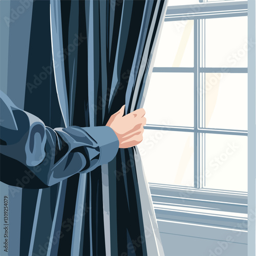 Curious person pulling back a curtain to look outside