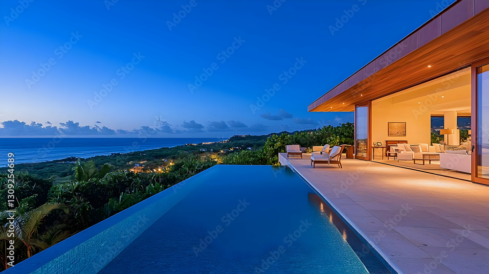 Fototapeta premium Luxury Villa With Infinity Pool Overlooking Ocean At Twilight