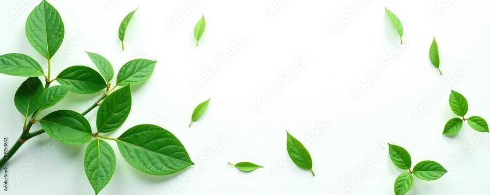 Greenery isolated on a pure white background with some scattered leaves, botanical, isolation, elegant
