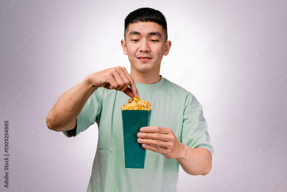 An Asian man in a light green shirt enjoys crispy popcorn chicken from a green container. He takes a bite with excitement while holding the snack. The background is white An Asian man in a light green shirt enjoys crispy popcorn chicken from a green container. He takes a bite with excitement while holding the snack. The background is white