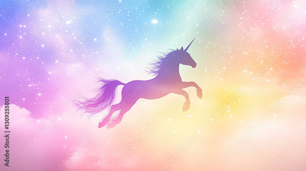 Obraz premium A magical pastel rainbow sky featuring a silhouette of a flying unicorn surrounded by sparkling stars.
