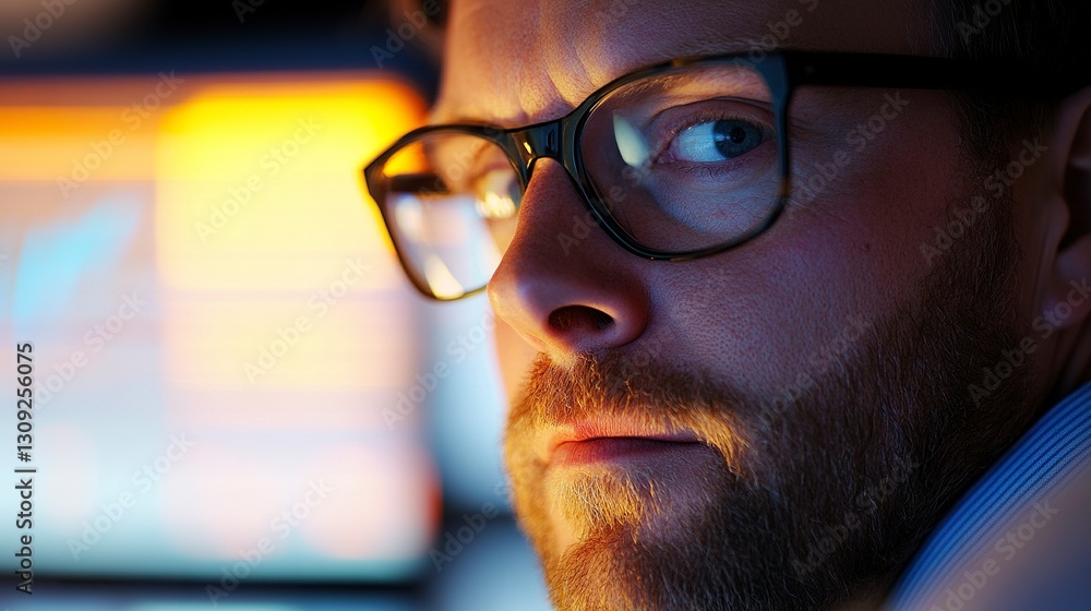 Investment fund manager reviewing market data on multiple monitors, warm office lighting, focused expression, financial charts reflecting on glasses Investment fund manager reviewing market data on multiple monitors, warm office lighting, focused expression, financial charts reflecting on glasses