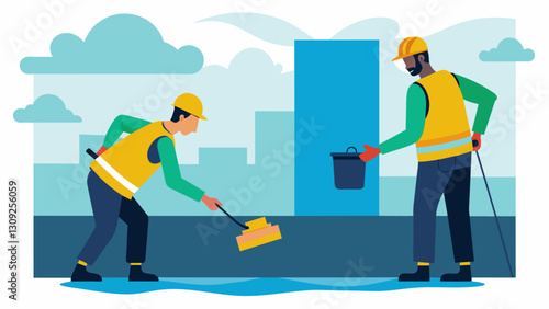 Workers using waterproof sealants to connect and seal panels together creating a watertight barrier.. Vector illustration