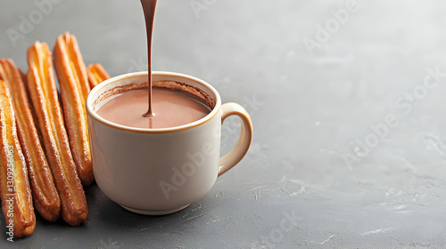 Churros And Hot Chocolate Served On A Grey Surface With Chocolate Pouring Into A White Mug