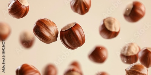 Floating hazelnuts with glossy brown shells on a soft beige background