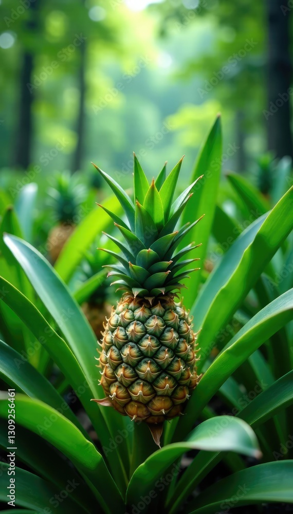 Pineapple plants growing in a dense jungle-like atmosphere, vegetation, tropical, greenfield Pineapple plants growing in a dense jungle-like atmosphere, vegetation, tropical, greenfield