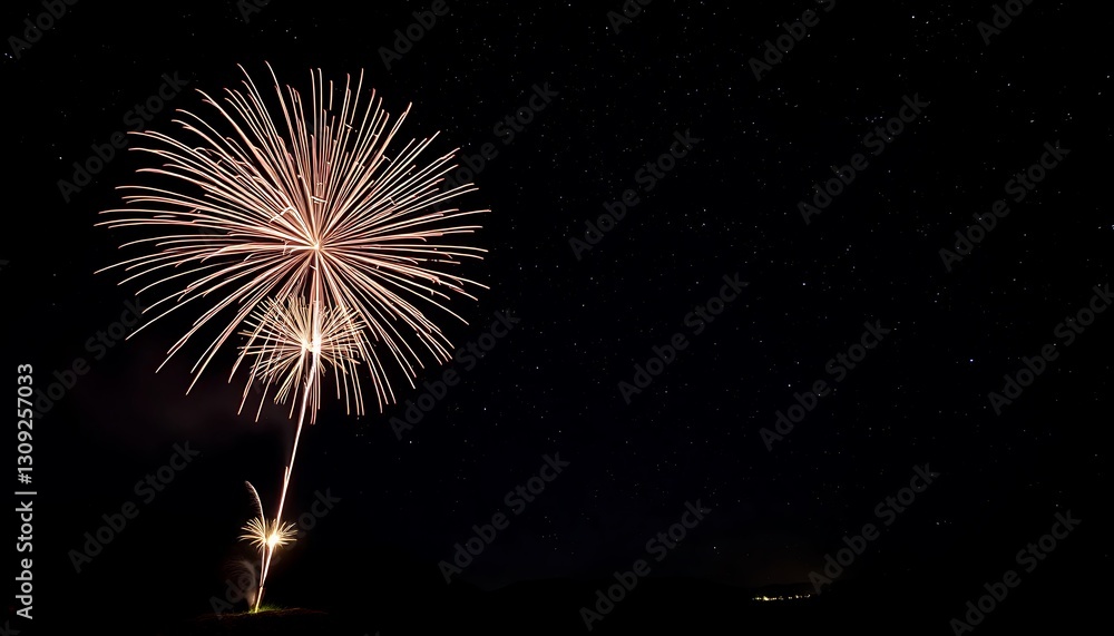 Fireworks explode in the night sky above a dark horizon line Fireworks explode in the night sky above a dark horizon line