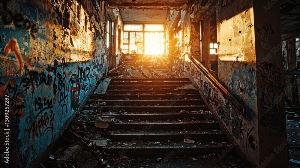 Sunlit abandoned building stairs, graffiti walls, decay Sunlit abandoned building stairs, graffiti walls, decay