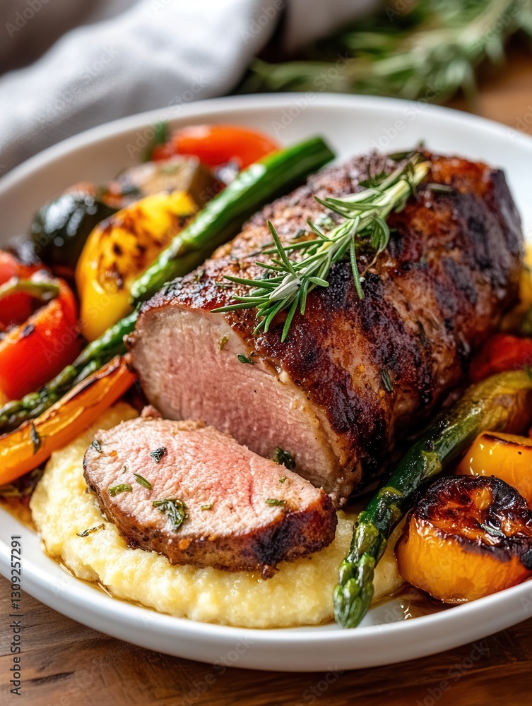 Savoring pork tenderloin with creamy polenta and seasonal roasted vegetables on a rustic wooden table Savoring pork tenderloin with creamy polenta and seasonal roasted vegetables on a rustic wooden table