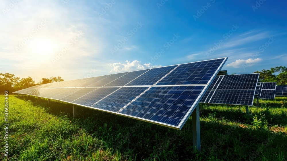 A modern solar panel field shining under bright sunlight against a blue sky, symbolizing clean renewable energy. A modern solar panel field shining under bright sunlight against a blue sky, symbolizing clean renewable energy.