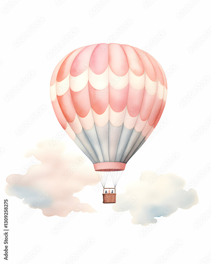 Fototapeta premium Watercolor hot air balloon floating among soft clouds in a pastel sky during a serene morning