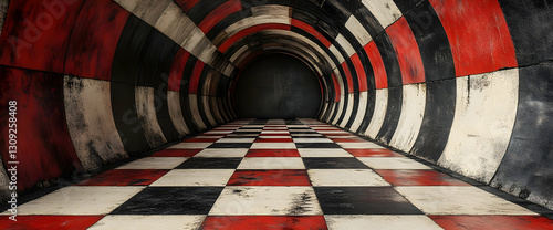 Red and Black Checkered Tunnel Illusion Background - Surreal Corridor with Geometric Pattern